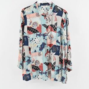 CITRON Santa Monica Womens Silk‎ Top Size XXL Art to Wear Asian Bird Fish Button